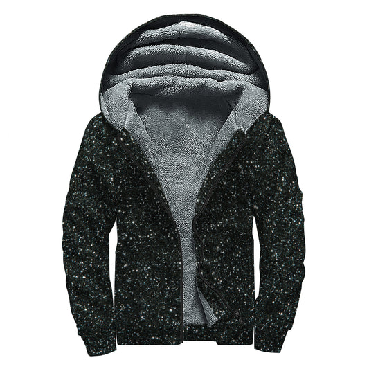 Black (NOT Real) Glitter Print Sherpa Lined Zip Up Hoodie