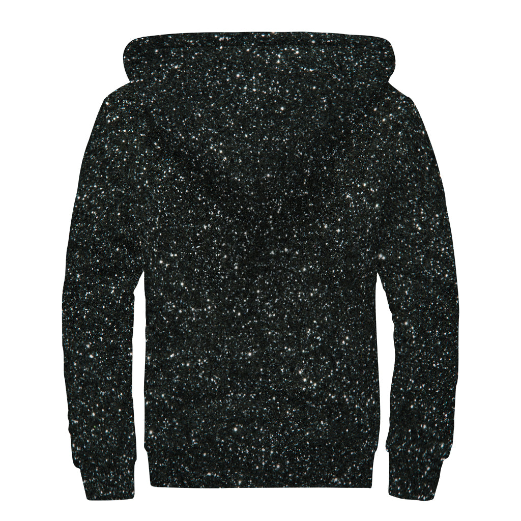 Black (NOT Real) Glitter Print Sherpa Lined Zip Up Hoodie
