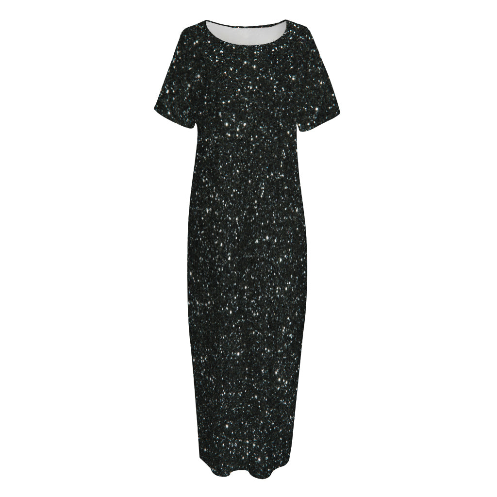 Black (NOT Real) Glitter Print Short Sleeve Long Nightdress