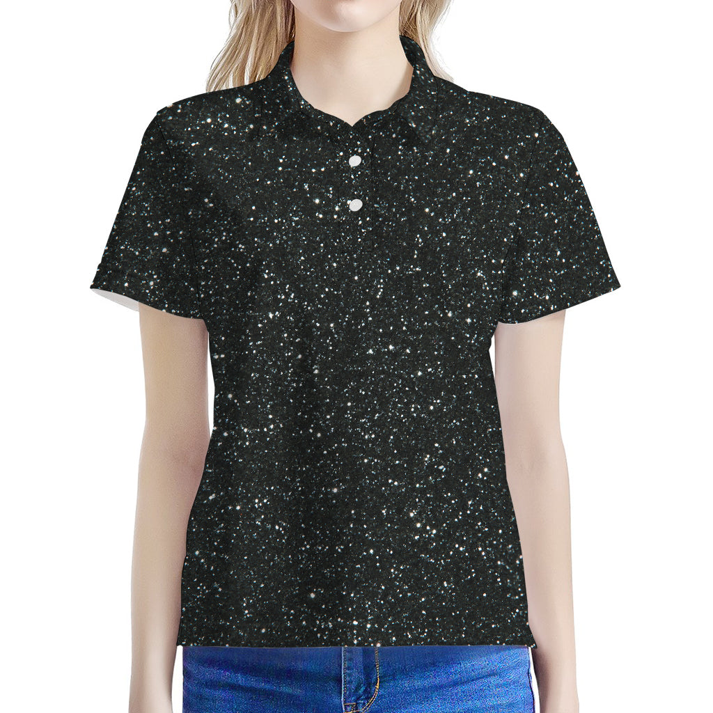 Black (NOT Real) Glitter Print Women's Polo Shirt