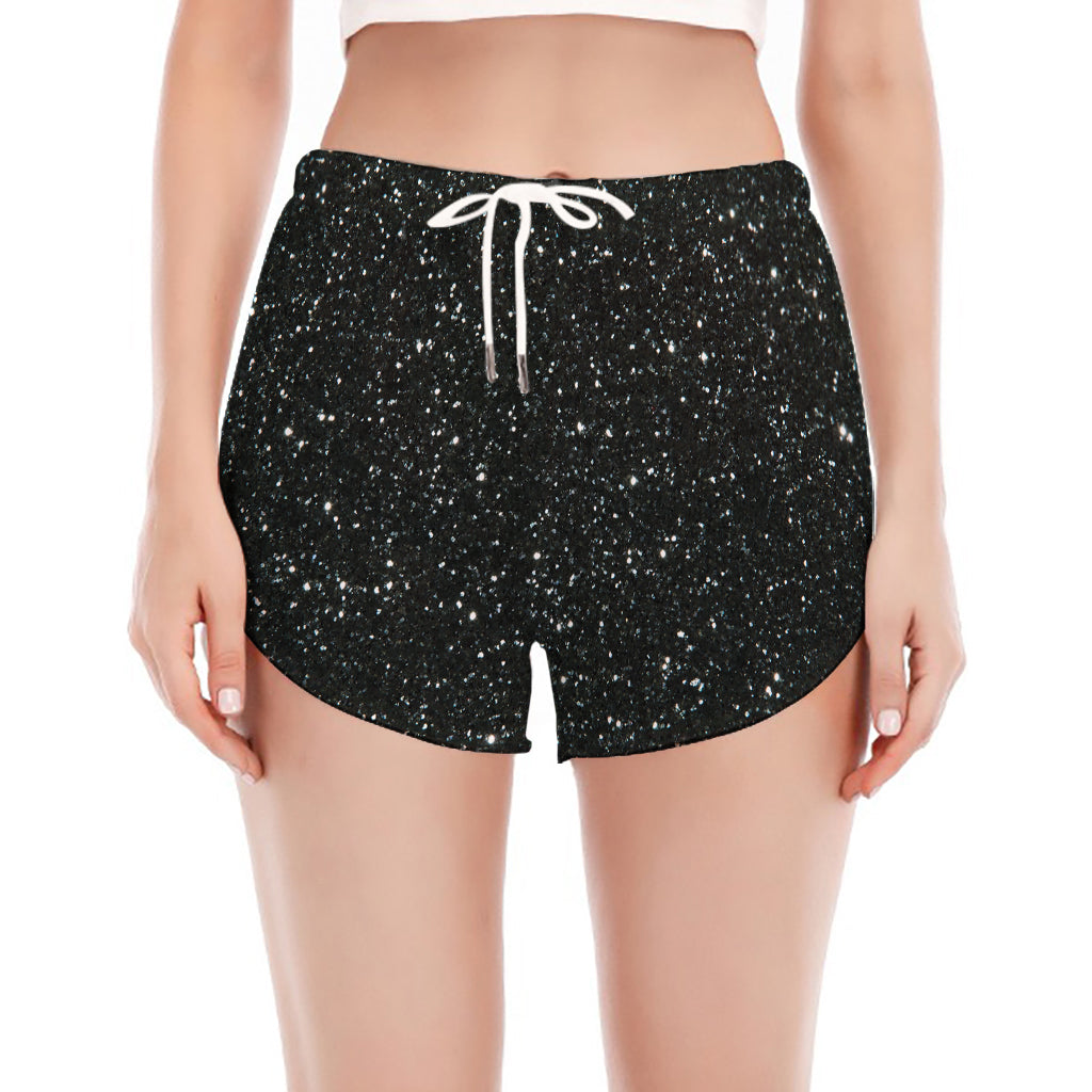 Black (NOT Real) Glitter Print Women's Split Running Shorts