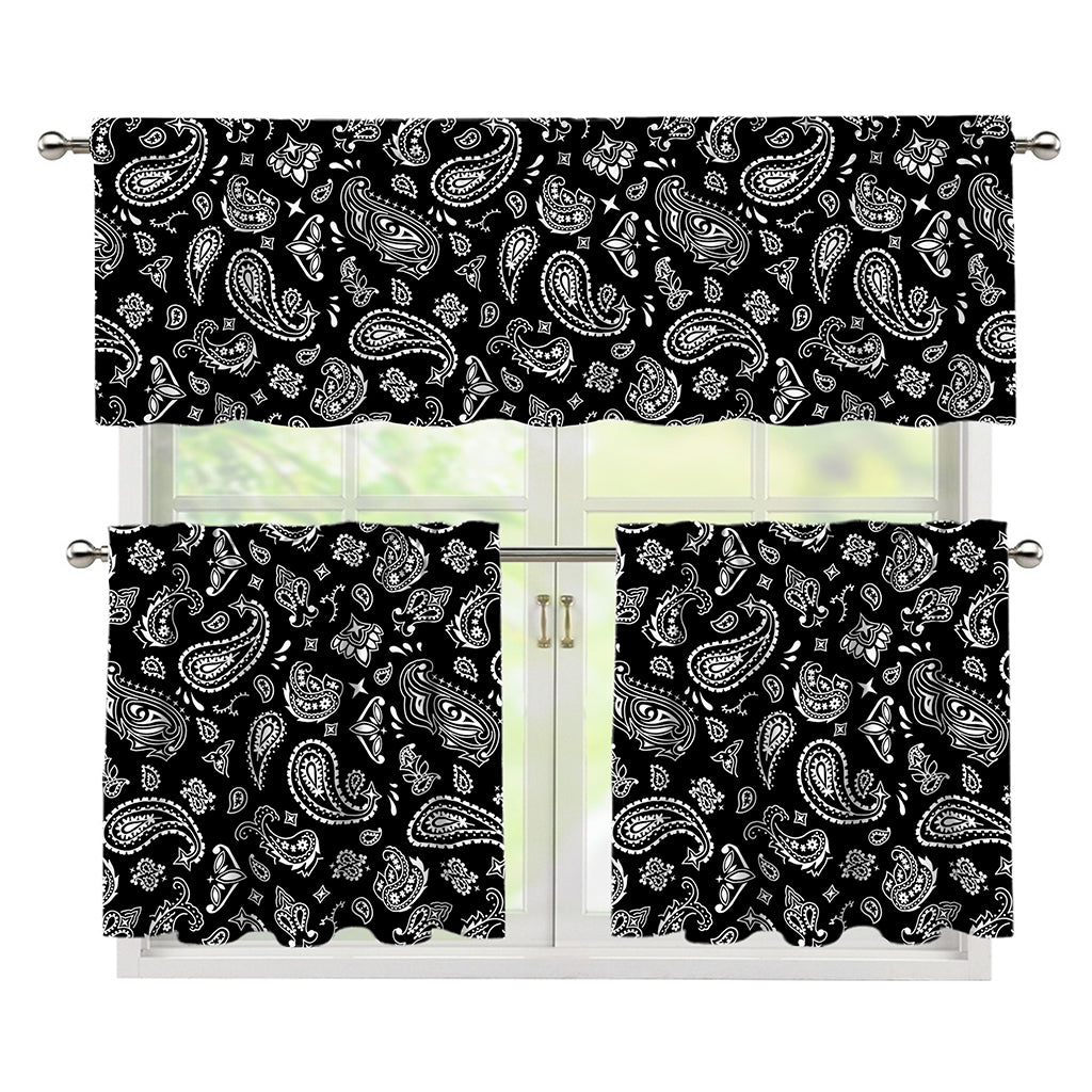 Black Paisley Bandana Pattern Print 3 Piece Kitchen Curtains