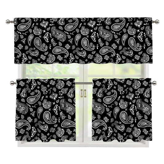 Black Paisley Bandana Pattern Print 3 Piece Kitchen Curtains