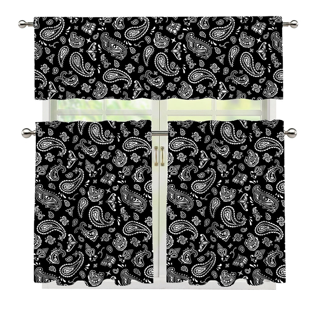 Black Paisley Bandana Pattern Print 3 Piece Kitchen Curtains