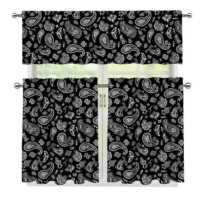 Black Paisley Bandana Pattern Print 3 Piece Kitchen Curtains