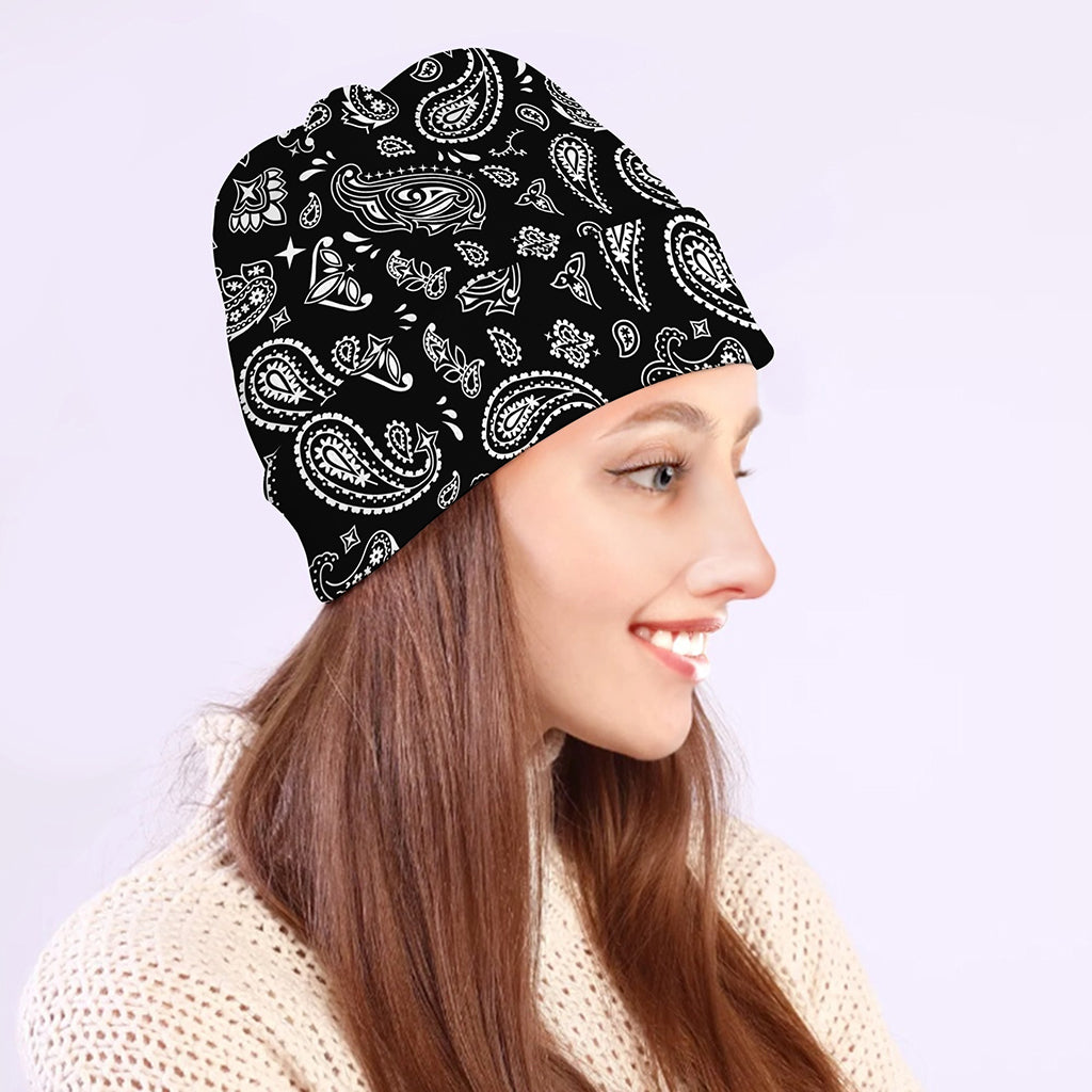 Black Paisley Bandana Pattern Print Beanie