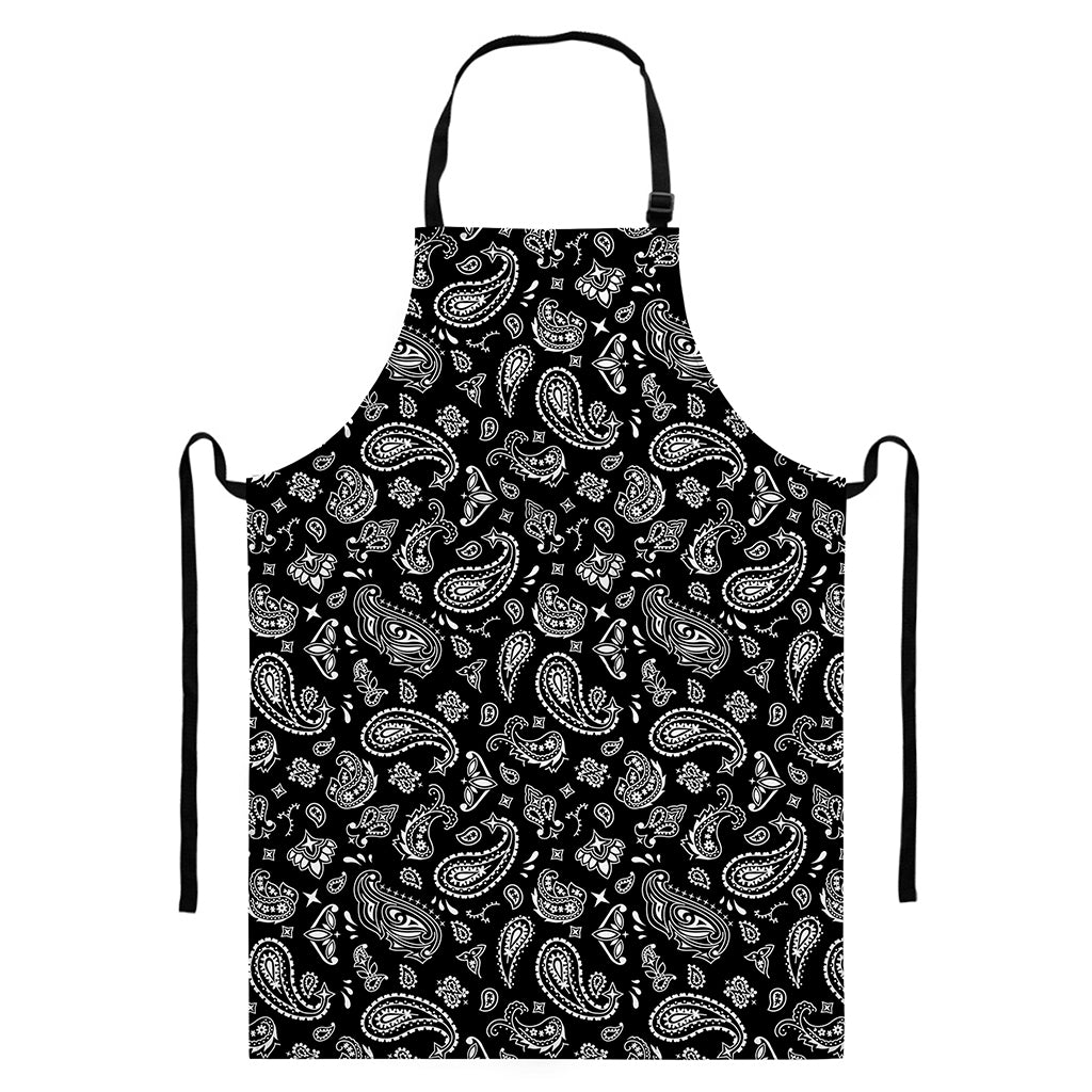 Black Paisley Bandana Pattern Print Bib Apron With Pocket