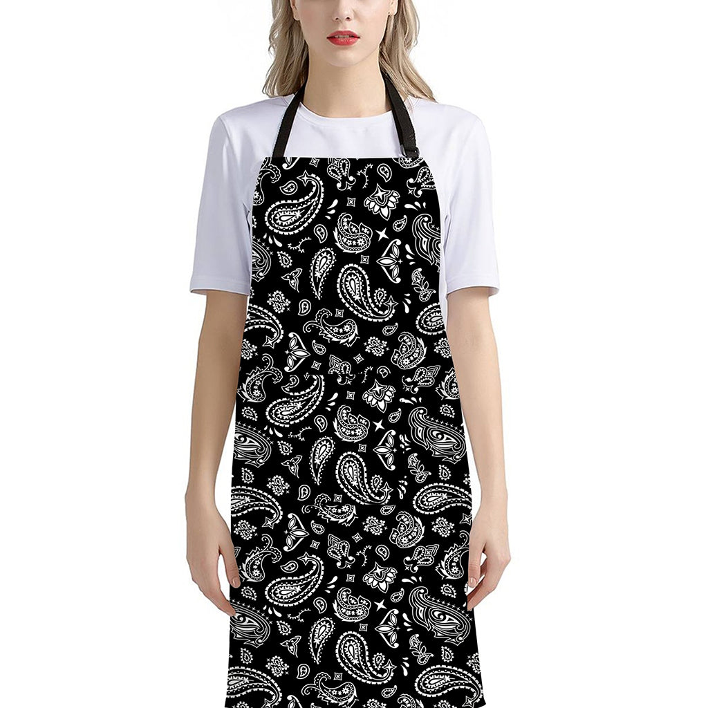 Black Paisley Bandana Pattern Print Bib Apron With Pocket