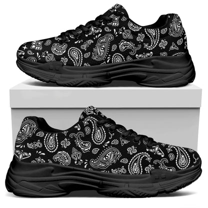Black Paisley Bandana Pattern Print Black Chunky Shoes