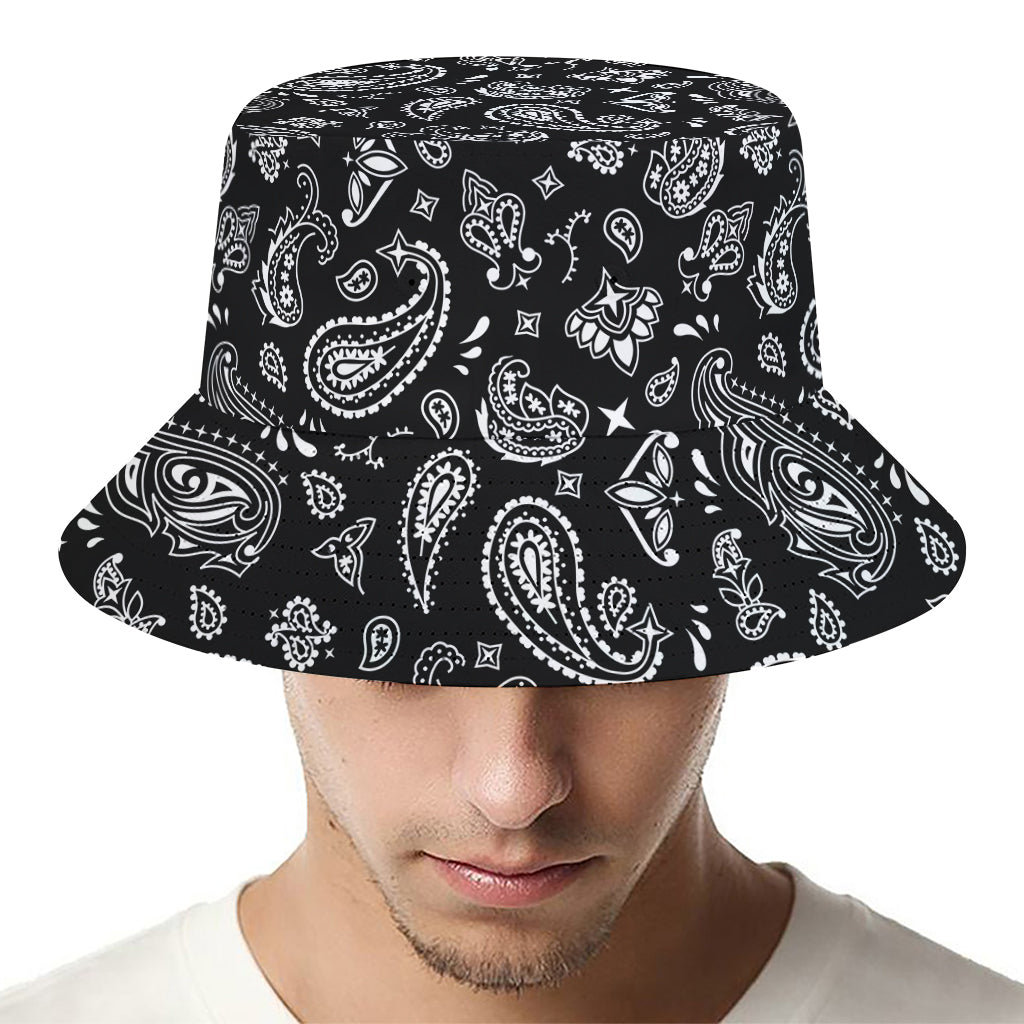 Black Paisley Bandana Pattern Print Bucket Hat