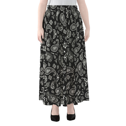Black Paisley Bandana Pattern Print Chiffon Maxi Skirt