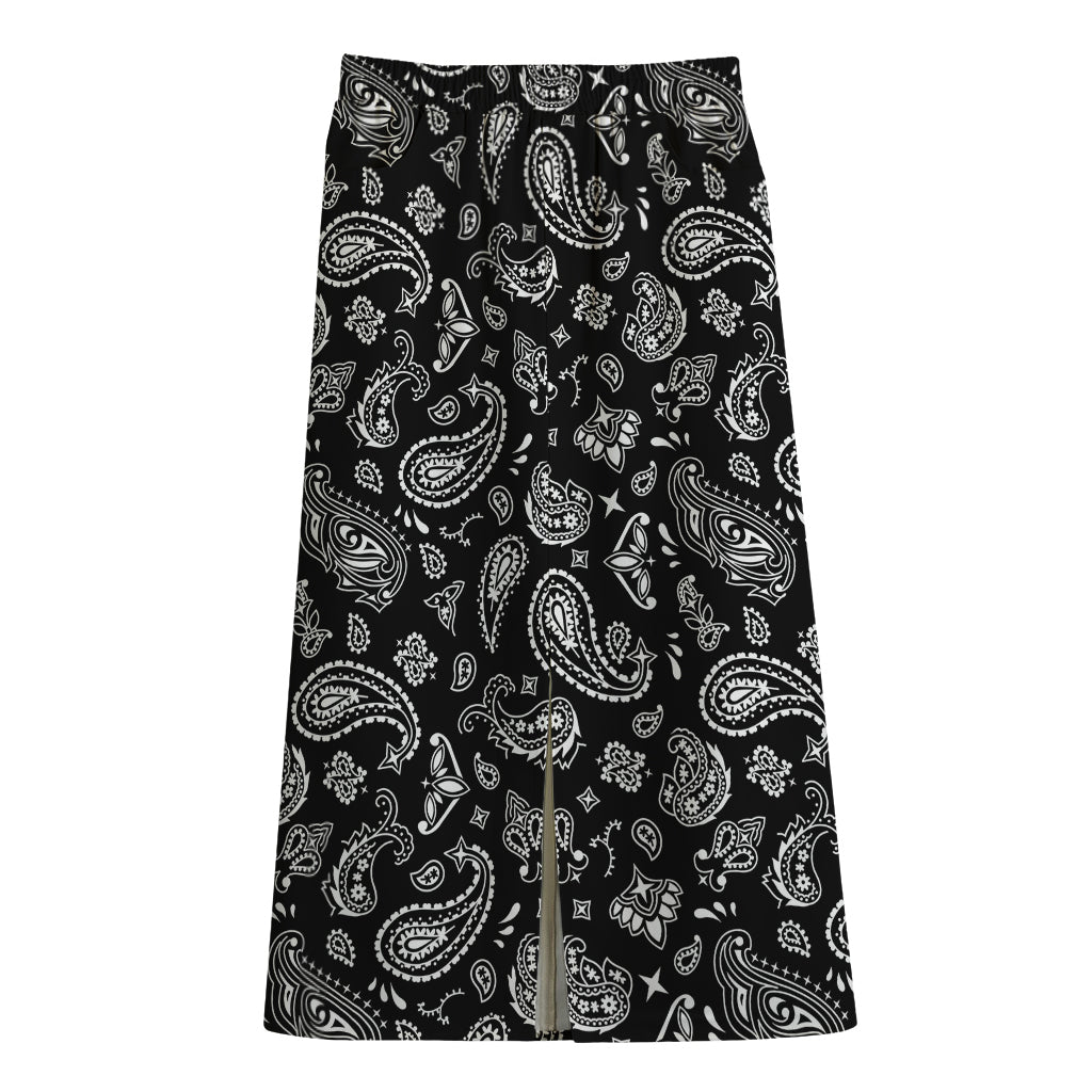 Black Paisley Bandana Pattern Print Cotton Front Slit Maxi Skirt