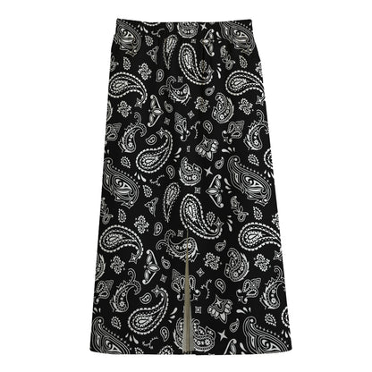 Black Paisley Bandana Pattern Print Cotton Front Slit Maxi Skirt