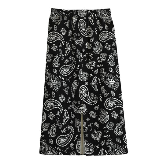 Black Paisley Bandana Pattern Print Cotton Front Slit Maxi Skirt