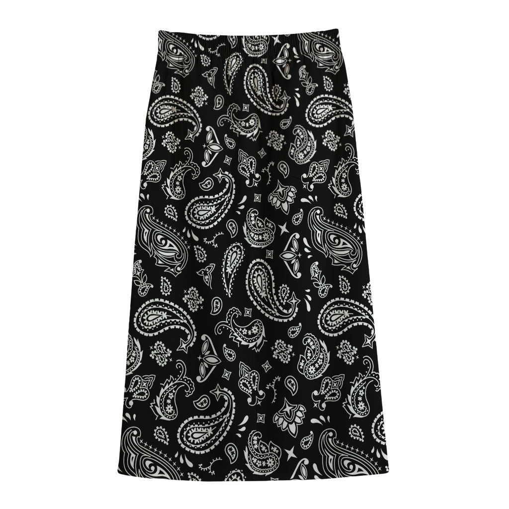 Black Paisley Bandana Pattern Print Cotton Front Slit Maxi Skirt