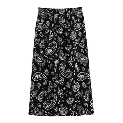 Black Paisley Bandana Pattern Print Cotton Front Slit Maxi Skirt