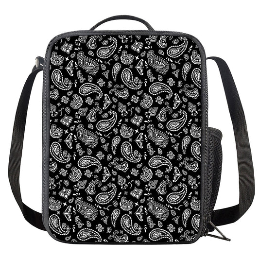 Black Paisley Bandana Pattern Print Crossbody Lunch Bag