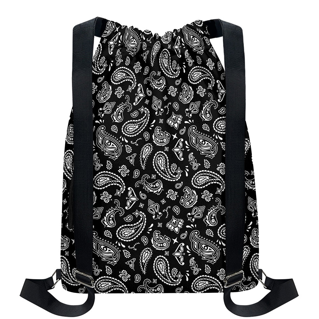 Black Paisley Bandana Pattern Print Drawstring Backpack
