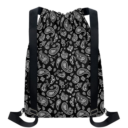 Black Paisley Bandana Pattern Print Drawstring Backpack