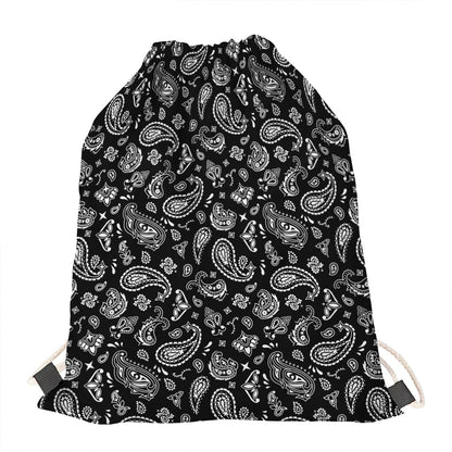 Black Paisley Bandana Pattern Print Drawstring Bag