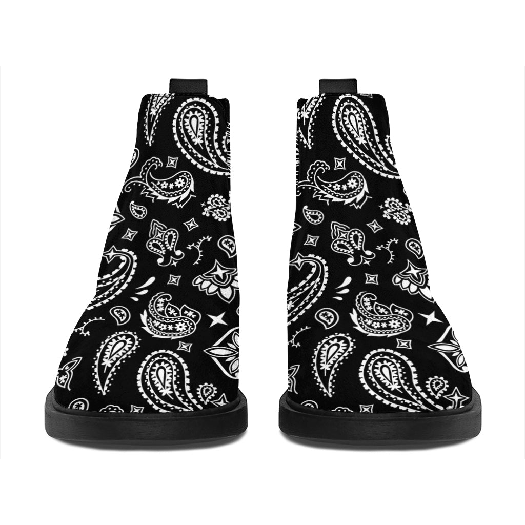 Black Paisley Bandana Pattern Print Flat Ankle Boots