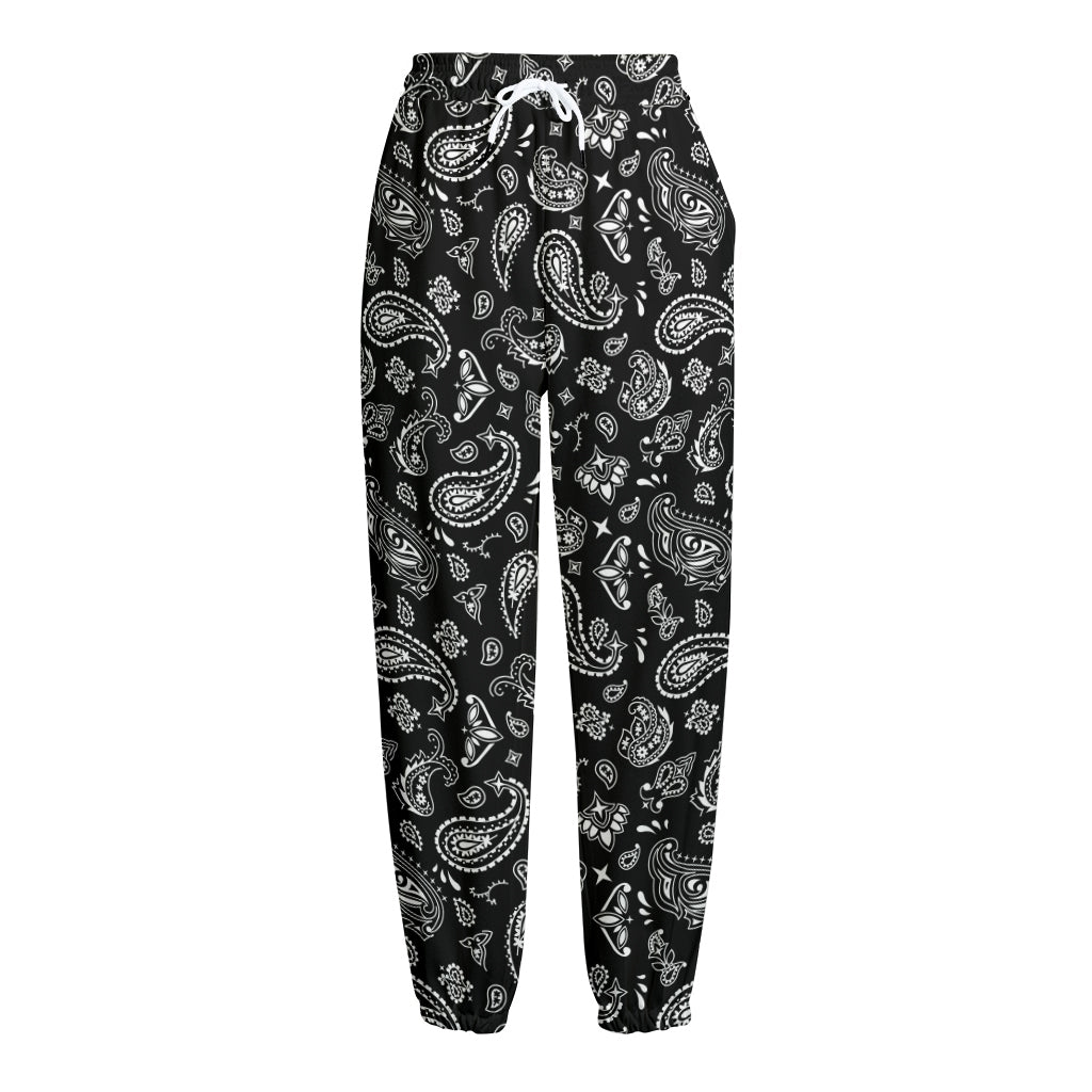 Black Paisley Bandana Pattern Print Fleece Lined Knit Pants