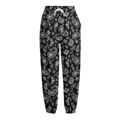 Black Paisley Bandana Pattern Print Fleece Lined Knit Pants