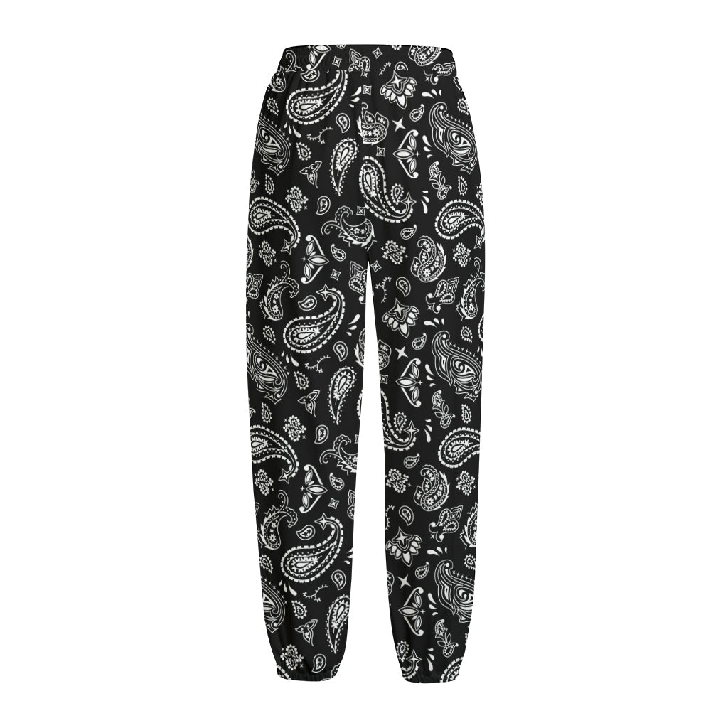 Black Paisley Bandana Pattern Print Fleece Lined Knit Pants