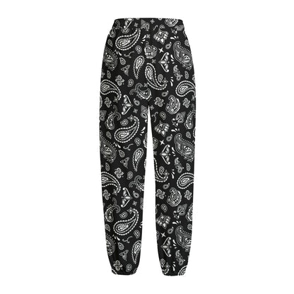 Black Paisley Bandana Pattern Print Fleece Lined Knit Pants