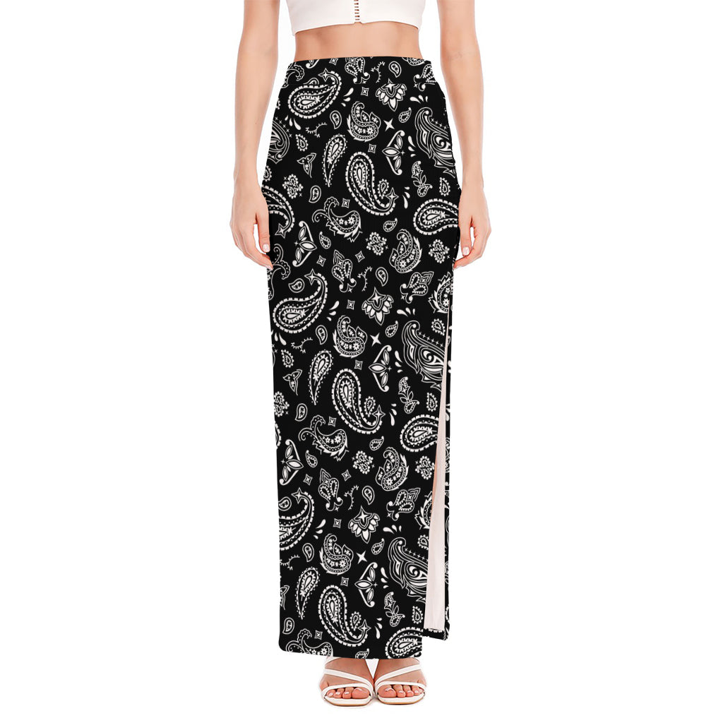 Black Paisley Bandana Pattern Print High Slit Maxi Skirt