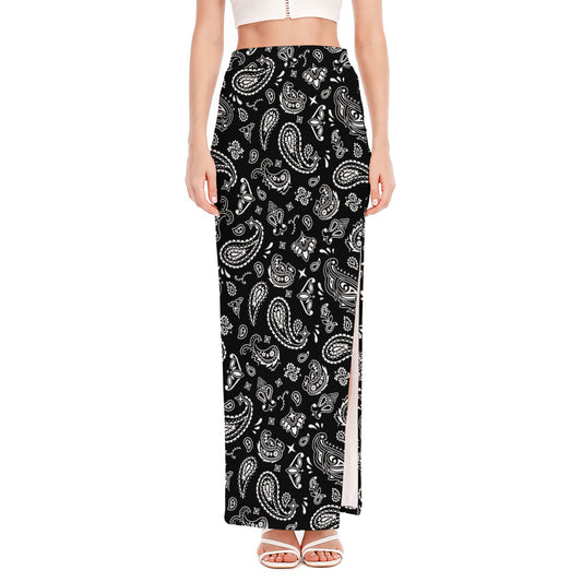 Black Paisley Bandana Pattern Print High Slit Maxi Skirt