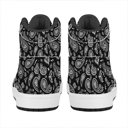 Black Paisley Bandana Pattern Print High Top Leather Sneakers