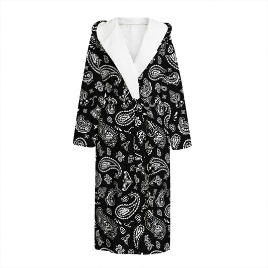 Black Paisley Bandana Pattern Print Hooded Bathrobe