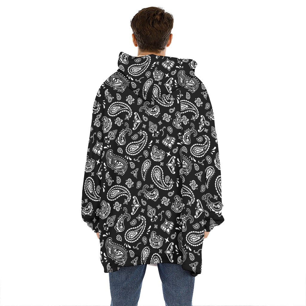 Black Paisley Bandana Pattern Print Hoodie Blanket