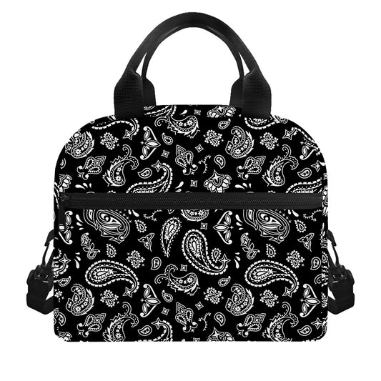 Black Paisley Bandana Pattern Print Insulated Lunch Bag