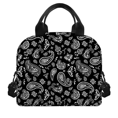 Black Paisley Bandana Pattern Print Insulated Lunch Bag