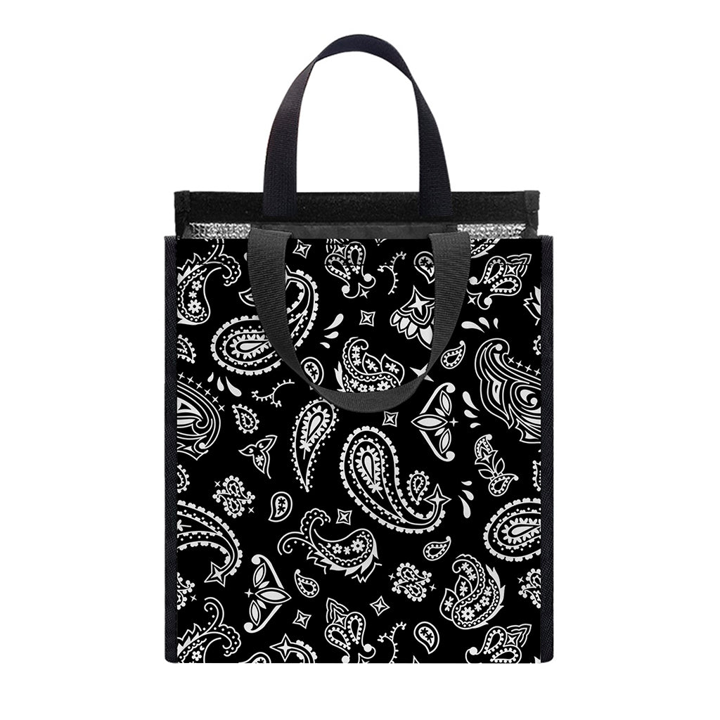 Black Paisley Bandana Pattern Print Insulated Lunch Tote