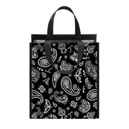 Black Paisley Bandana Pattern Print Insulated Lunch Tote