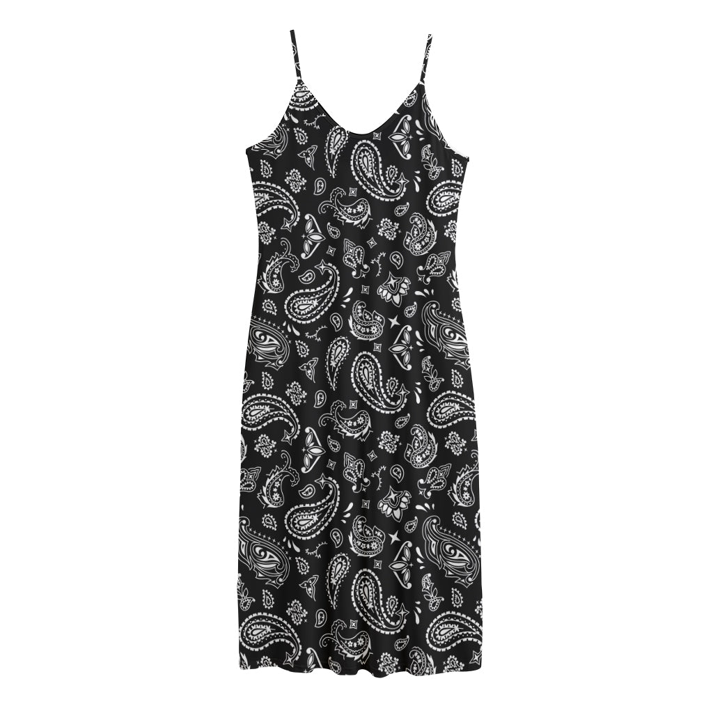 Black Paisley Bandana Pattern Print Jersey Midi Cami Dress