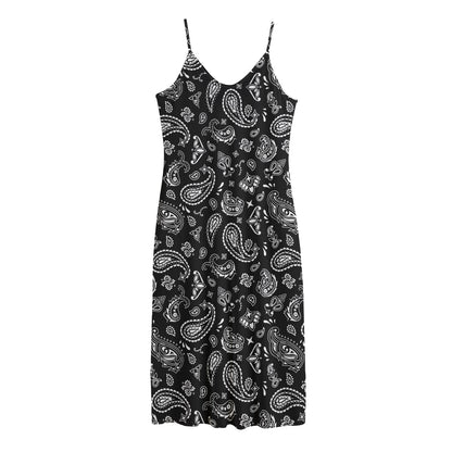 Black Paisley Bandana Pattern Print Jersey Midi Cami Dress
