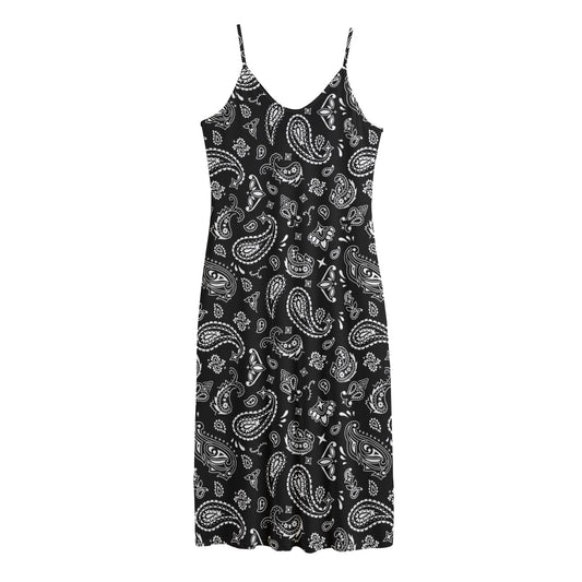 Black Paisley Bandana Pattern Print Jersey Midi Cami Dress