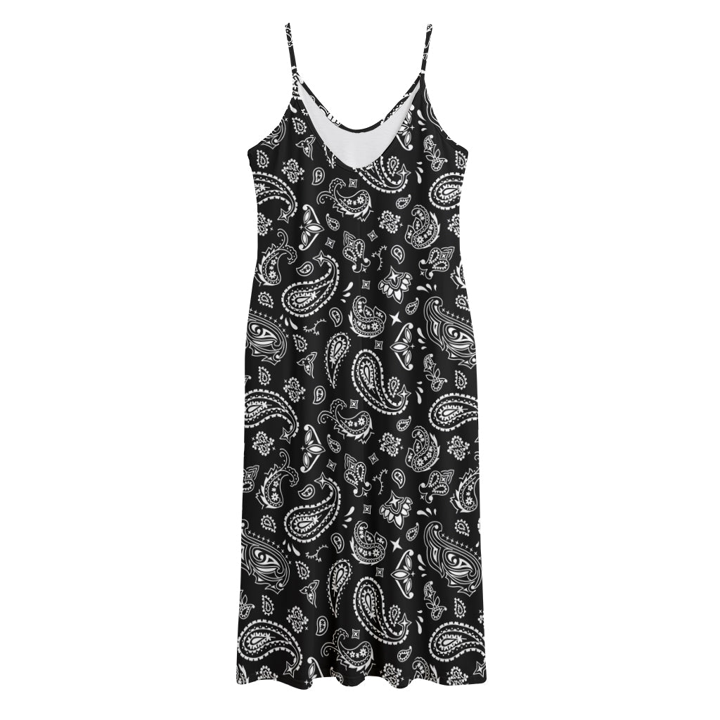 Black Paisley Bandana Pattern Print Jersey Midi Cami Dress