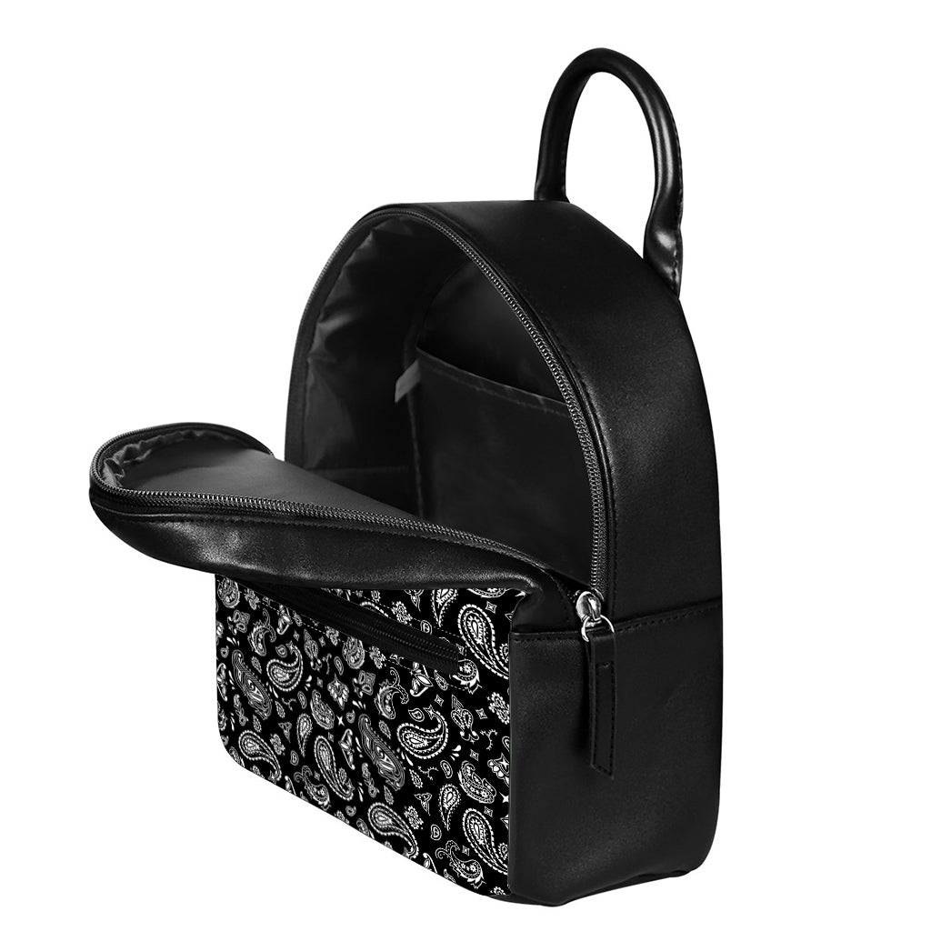 Black Paisley Bandana Pattern Print Leather Backpack