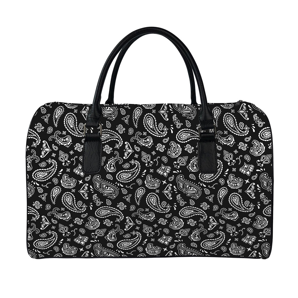 Black Paisley Bandana Pattern Print Leather Duffle Bag