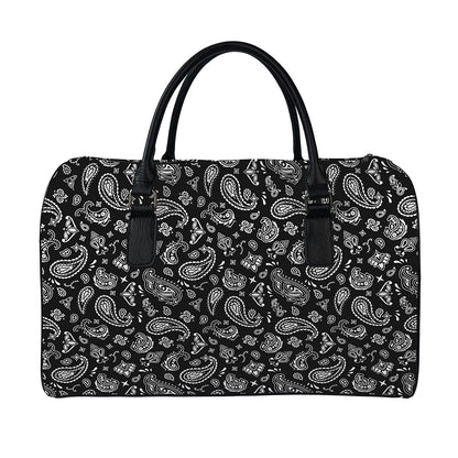 Black Paisley Bandana Pattern Print Leather Duffle Bag