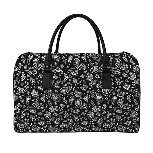Black Paisley Bandana Pattern Print Leather Duffle Bag