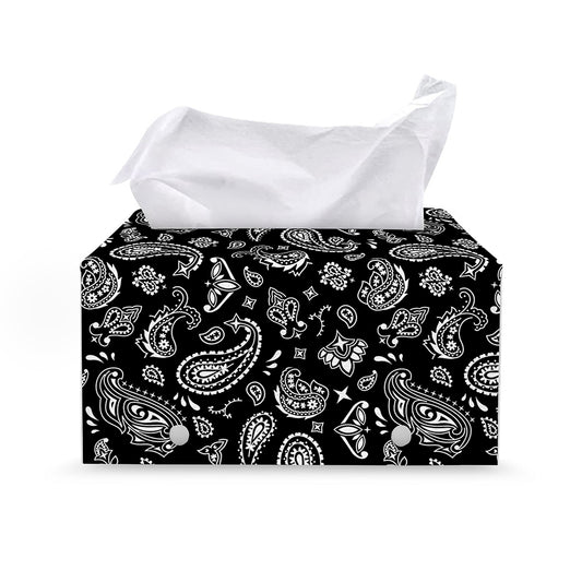 Black Paisley Bandana Pattern Print Leather Tissue Box Cover