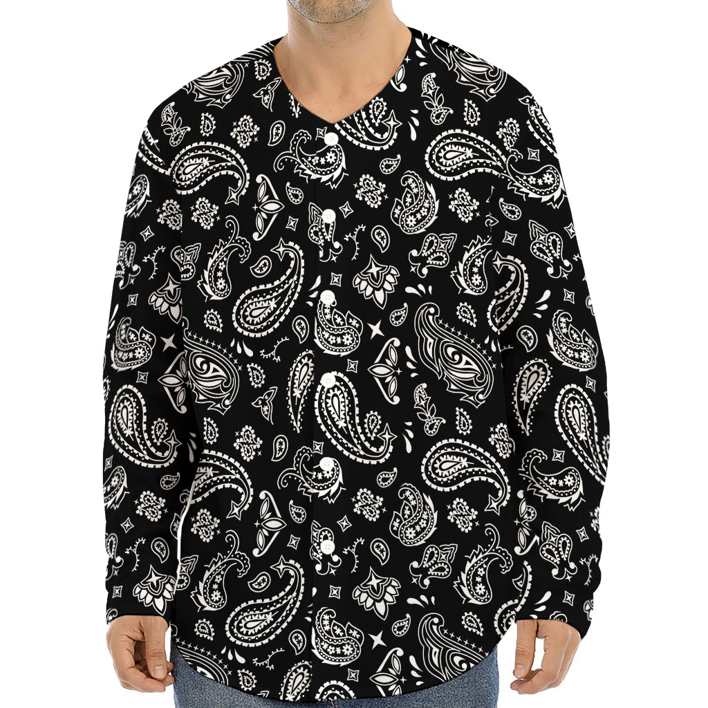 Black Paisley Bandana Pattern Print Long Sleeve Baseball Jersey