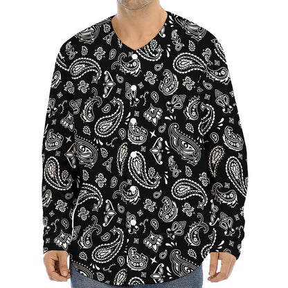 Black Paisley Bandana Pattern Print Long Sleeve Baseball Jersey