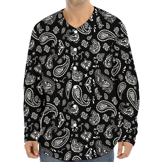 Black Paisley Bandana Pattern Print Long Sleeve Baseball Jersey